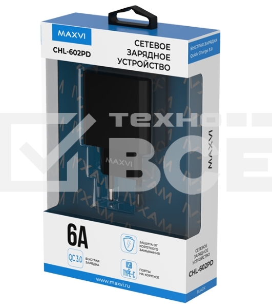 Сетевое зарядное устройство Maxvi CHL-602PD 30W, 6A, QC 3.0, 1xUSB-A, 1xUSB-C, черный