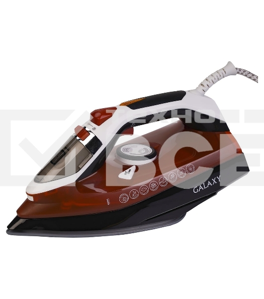 Утюг Galaxy GL 6131, оранжевый, паровой, 2500 Вт, подача пара до 50 г/мин, паровой удар до 230 г/мин, функции: автоотключение, самоочистка, антикапля, антинакипь, функция увлажнения, вертикальное отпаривание, керамическое покрытие подошвы, защита от перегрева, индикатор нагрева, резервуар для воды 370 мл