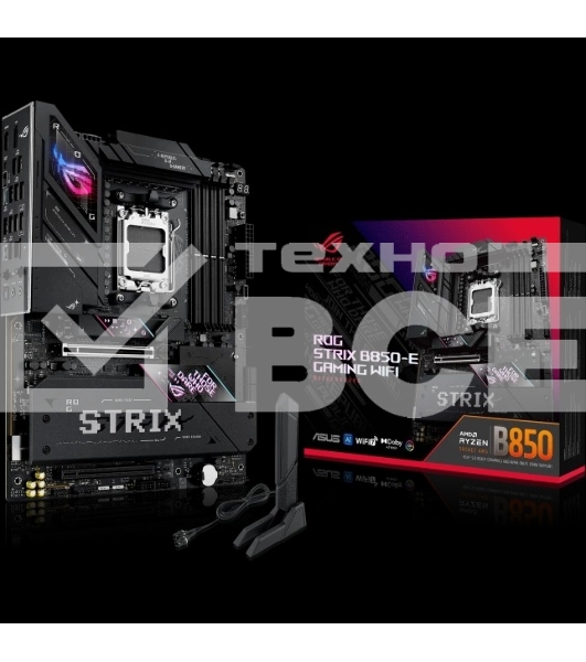 Материнская плата ASUS ROG STRIX B850-E GAMING WIFI, AM5, AMD B850, 4xDDR5, 4xSATA, 5xM.2, 1xPCI-E 5.0 x16, 1xPCI-E 4.0 x16, 1xRealtek 5Gb Ethernet, 1xUSB-C 4, 1xUSB-C 20Gbps, 6xUSB-A 10Gbps, 4xUSB-A 2.0, 3x3.5 мм, 7.1, ATX