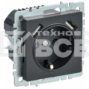 Розетка 1-местная IEK BRITE РЮш10-1-БрЧ (BR-R14-16-U21-D21-K02) 16А, с USB A+A 2.1А, с заземлением с защитными шторками, чёрный