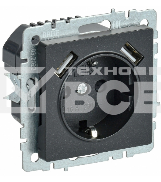 Розетка 1-местная IEK BRITE РЮш10-1-БрЧ (BR-R14-16-U21-D21-K02) 16А, с USB A+A 2.1А, с заземлением с защитными шторками, чёрный