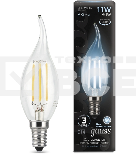 Лампа филам. Gauss Filament 11Вт цок.:E14 свеча 220B св.свеч.бел.нейт. CF35 (упак.:10шт) (104801211)