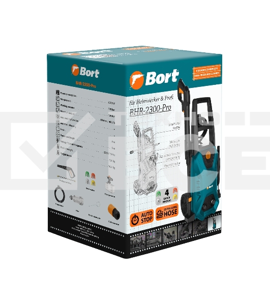 Мойка высокого давления Bort BHR-2300-PRO 93416299 2300 Вт, максимальное давление 170 бар, рабочее давление 130 бар, 8 л/мин, 7.4 кг, набор акссесуаров 10 шт