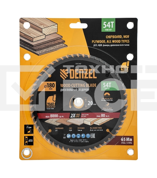Пильный диск по дереву Denzel ф180 х 20 мм, 54зубьев 733297
