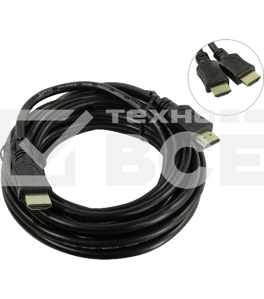 Кабель HDMI C-HM-HM-5M Wize, 5 м, v.2.0, 19M/19M, позол.разъемы, экран, черный, пакет