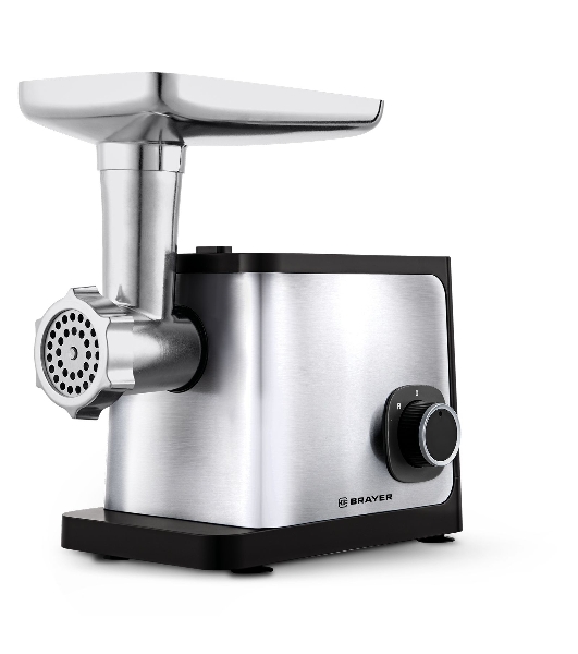 Мясорубка электрическая BRAYER BR1615 черный/серебристый, 1800 Вт, 1.5 кг/мин, реверс, защита от перегрузки, насадки - 4