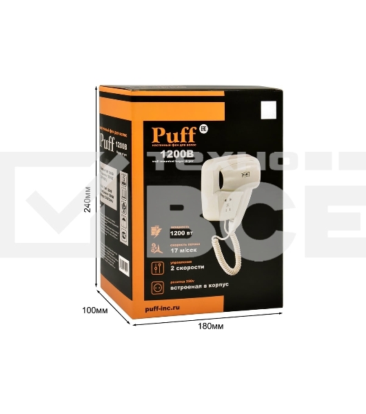 Фен для волос Puff-1200B 1405.002 1.2кВт белый с доп. розеткой