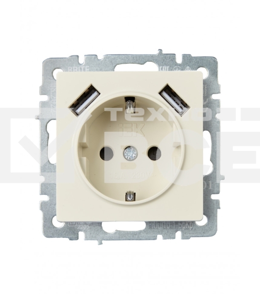 Розетка 1-местная IEK BRITE РЮш10-1-БрКр 16А, с USB A+A 2.1А, с заземлением с защитными шторками, бежевый