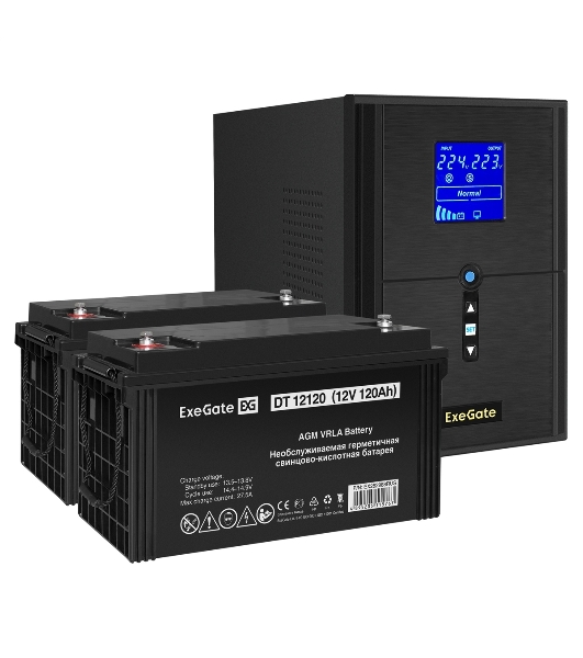Комплект Источник бесперебойного питания EX295989RUS + батарея 120Aч EX282988RUS 2шт (инвертор, синус, для котла) ExeGate SineTower SZ-2000.LCD.AVR.3SH.1C13.USB <2000VA/1600W, чистый синусоида, LCD дисплей, AVR, 3хSchuko+1хC13, USB, линейно-интерактивный, черный> + батарея ExeGate DT 12120 (12В, 120Ач) 2шт