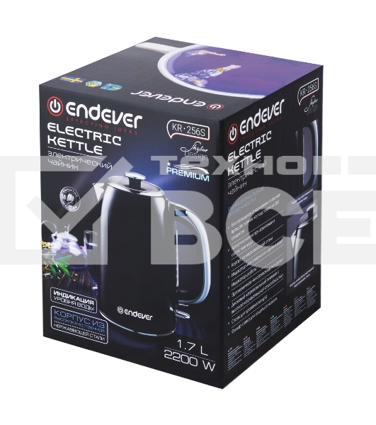 Чайник электрический Endever Skyline KR-256S 2200Вт, 1.7 л, черный, 6 шт/уп
