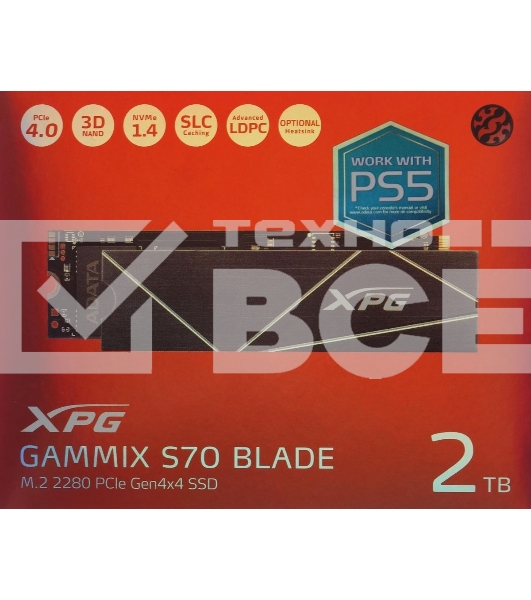 Накопитель SSD ADATA XPG GAMMIX BLADE S70, 2Tb, PCIe 4.0 x4, M.2 2280, NVMe, R/W 7400/6400
