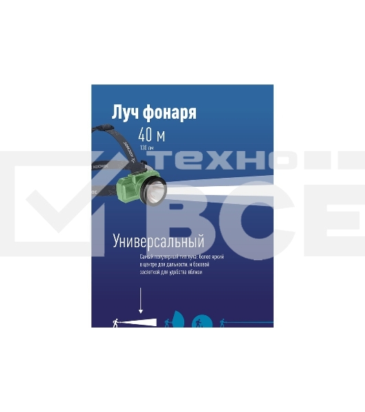 Фонарь аккумуляторный налобный КОСМОС KOC516Lit 2Вт LED Li-ion 14500 500мА.ч корпус ABS-пластик USB-шнур type C регулируемый эласт. ремешок