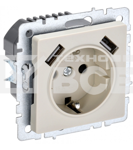 Розетка 1-местная IEK BRITE РЮш10-1-БрКр 16А, с USB A+A 2.1А, с заземлением с защитными шторками, бежевый