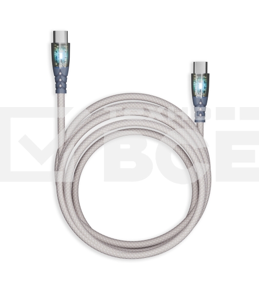 Кабель Smartbuy для зарядки и передачи данных, прозрачные наконечники TYPE C - TYPE C, 3А, нейл., серый, 1 м, IK-3112FCTRANSP-GRAY