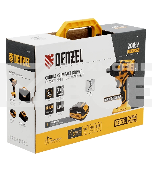 Винтоверт ударный аккумуляторный бесщет. Denzel CIDH-BL-20-270, Li-Ion, 20 В