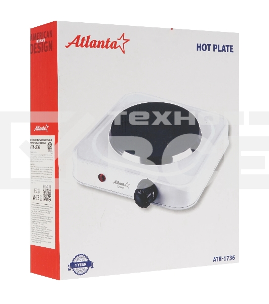 Плита настольная электрическая Atlanta ATH-1736 белый, одноконфорочная