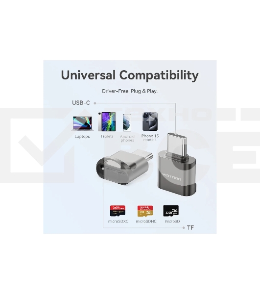 Картридер Vention OTG USB 2.0 CM / MicroSD - Серый