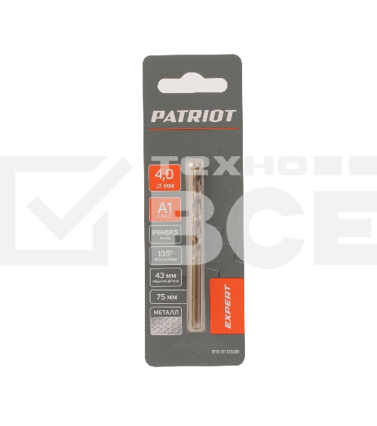 Сверло PATRIOT EXPERT по металлу, Р6М5К5, 4,0 мм, 1шт в блистере