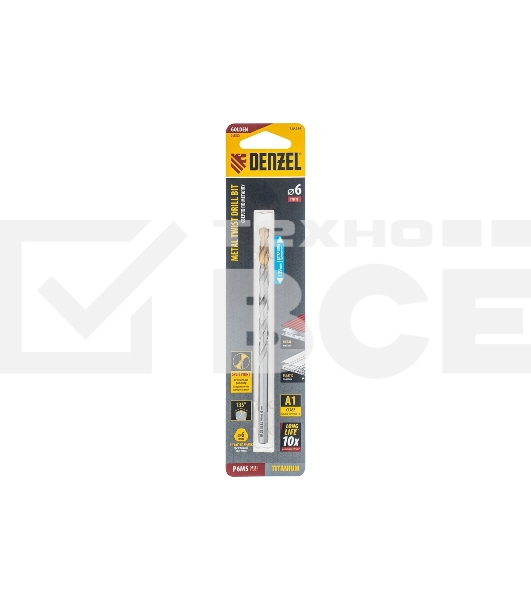 Сверло спиральное по металлу Denzel 6 х 139 мм, Р6М5, Golden Tip, удлиненное