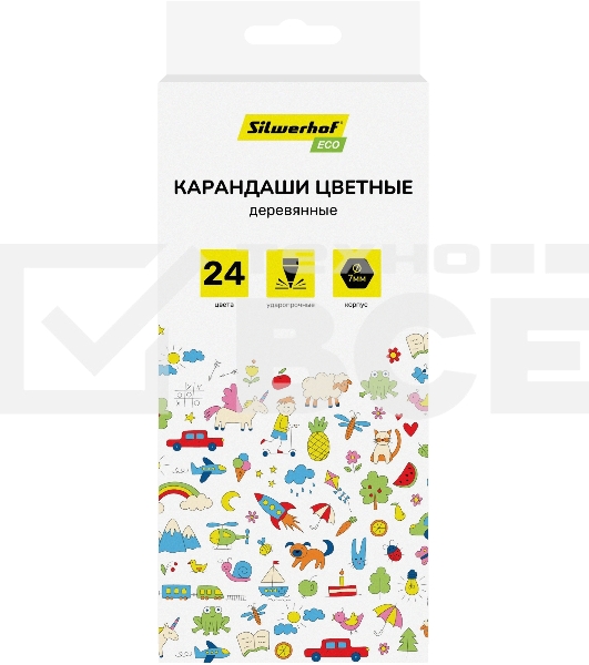 Карандаши цветные Silwerhof Eco 2.65мм, шестигранный профиль, дерево, ассорти, 24 цвета, коробка с европодвесом