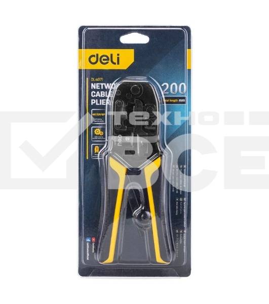 Обжимные клещи Deli DL4971 4P,6P,8P Размер: 200 мм. Спецификация обжима: 4P, 6P, 8P. Сталь A3 с черным покрытием. Ручка из ПВХ и ТПР. Храповой механизм. Подходит для витой пары UTP/STP и телефонных кабелей.