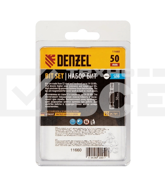 Набор бит Denzel SL6,0х50, сталь S2, шестигранный профиль, 10 шт.