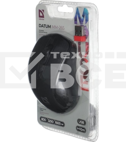 Мышь беспроводная Defender Datum MM-265 черный, 1600 dpi, радиоканал, USB, кнопки - 4