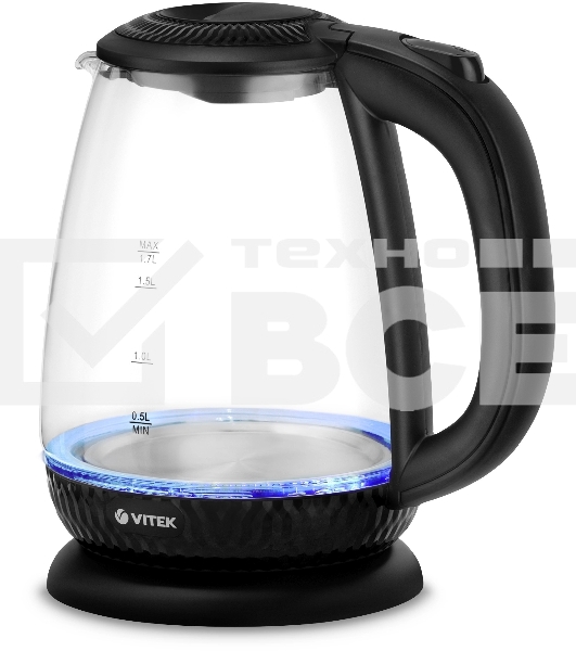 Чайник электрический Vitek VT-7074 1.7л. 2200Вт прозрачный/черный корпус: стекло/пластик