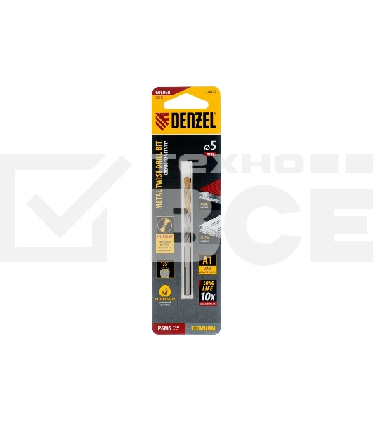 Сверло спиральное по металлу Denzel 5 x 86мм, Р6М5, Golden Tip