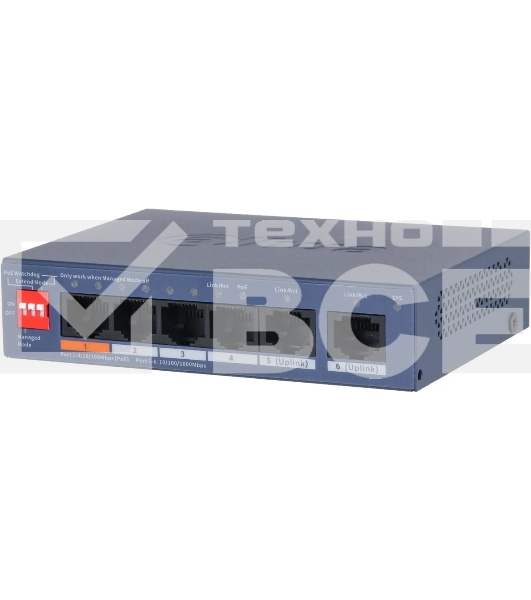 Коммутатор Dahua DH-CS4006-4ET2GT-60 4-портовый гигабитный PoE с функцией облачного управления, 4xRJ45 100Mb, 2xRJ45 1Gb uplink, суммарно 60Вт