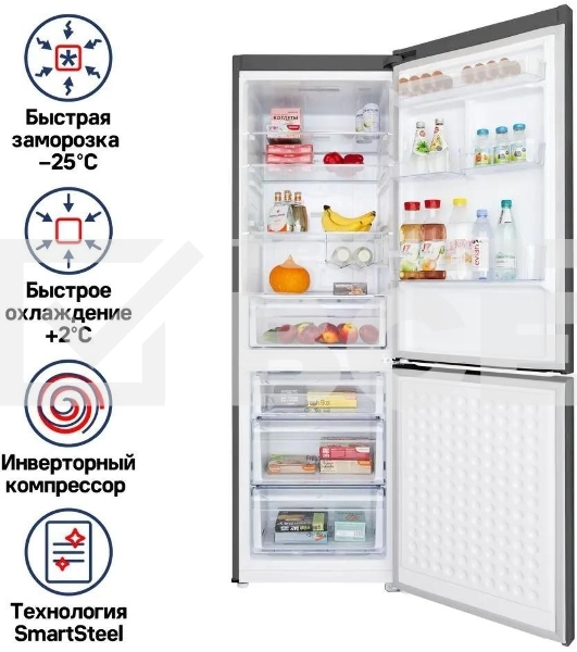 Холодильник Maunfeld MFF187NFIX10 нержавеющая сталь двухкамерный 232/98л морозилка снизу