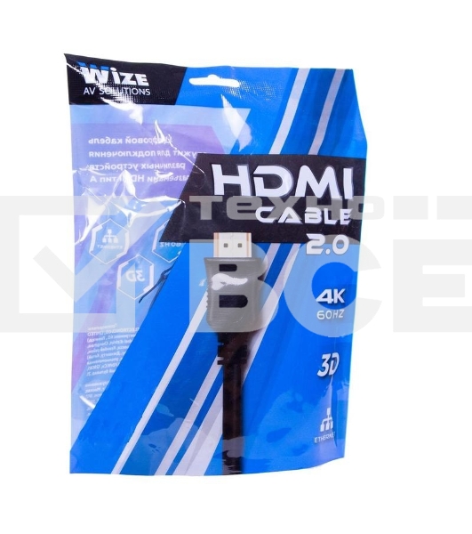 Кабель HDMI C-HM-HM-5M Wize, 5 м, v.2.0, 19M/19M, позол.разъемы, экран, черный, пакет