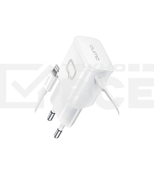 Сетевое зарядное устройство Qumo Energy (Charger 0026) 2.1A, встроенный кабель Lightning 8 Pin, белый