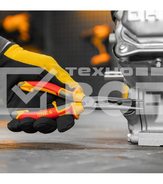 Длинногубцы прямые Denzel диэлектрические рукоятки до 1000 В, трехкомпонентные рукоятки, 205 мм