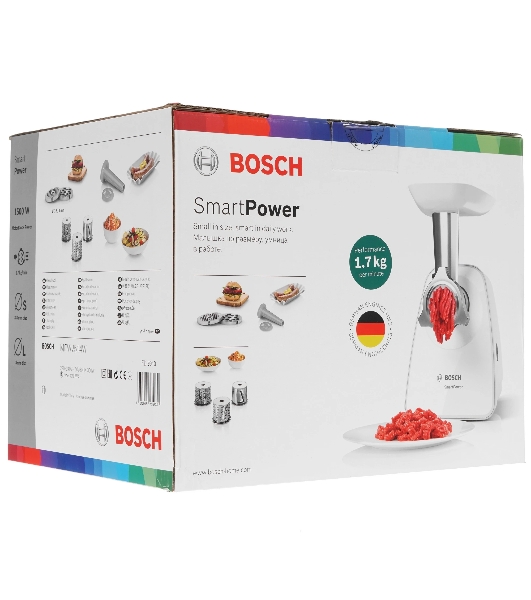 Мясорубка электрическая Bosch MFW2514W белый, 1500 Вт, 1.7 кг/мин, защита от перегрузки, насадки - 3