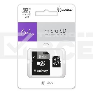 Флеш карта Smartbuy (SB64GbSDCCTV) micro SDXC 064Gb cl10 U3 V30 + адаптер