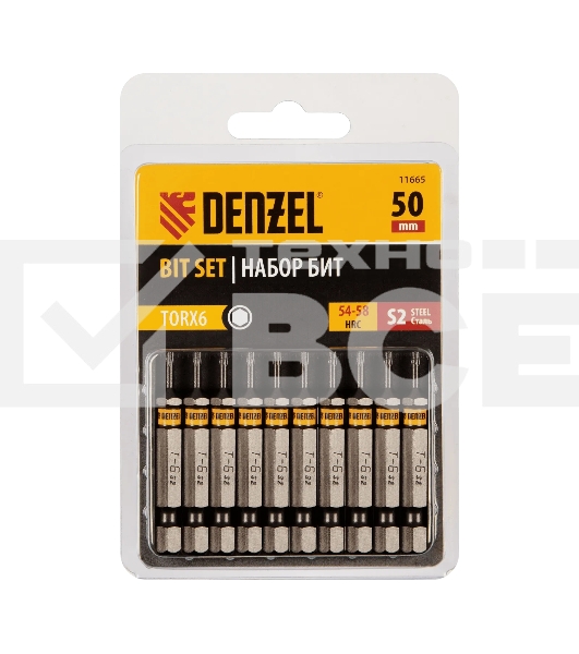 Набор бит Denzel TORX 6х50, сталь S2, шестигранный профиль, 10 шт.