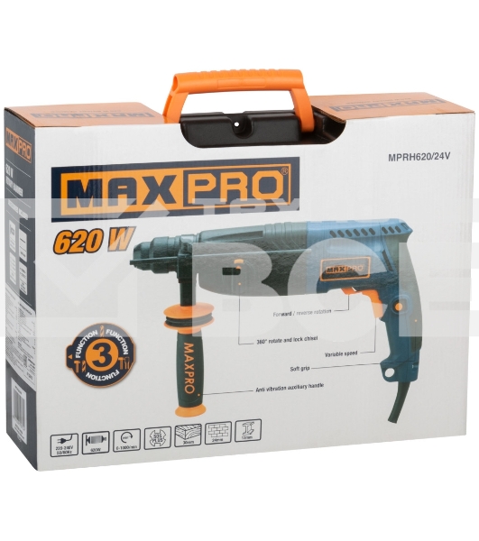Перфоратор монтажный MAX-PRO MPRH620/24V 620 Вт, 0-1000 об/мин, 2,5 Дж, 3 режима, Д/Б/М-30/24/13, 2,8 кг, SDS-PLUS, антивибрационная ручка, резиновые вставки, рез