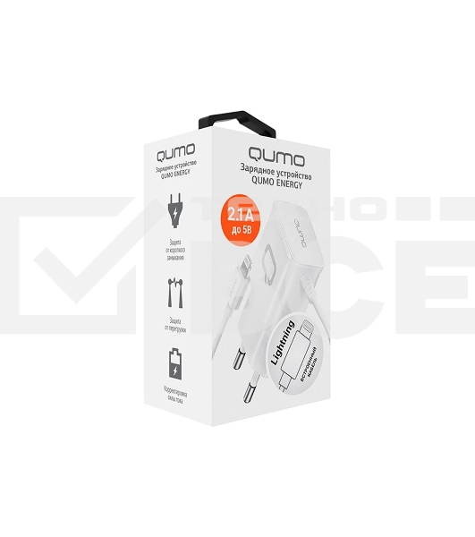 Сетевое зарядное устройство Qumo Energy (Charger 0026) 2.1A, встроенный кабель Lightning 8 Pin, белый