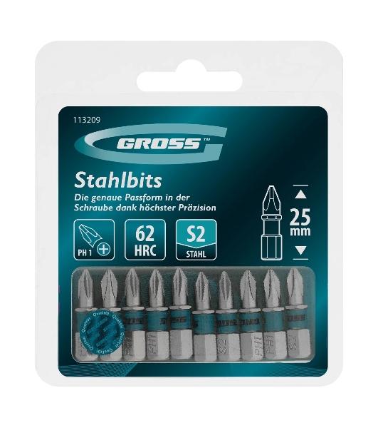 Бита Gross PH1х25мм, сталь S2, шестигр., 10 шт.
