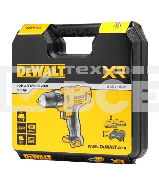 Дрель-шуруповерт DeWalt DCD710D2-QW, Аккумуляторная, 10.8В, 2 АКБ, Кейс