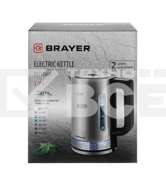 Чайник электрический BRAYER BR1060 2200 Вт, 1,7 л, стальной/черный