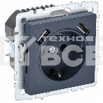 Розетка 1-местная IEK BRITE РЮш10-1-БрМ с заземлением, с защитными шторками, 16А, с USB A+A 5В 2,1А, маренго, фото 1