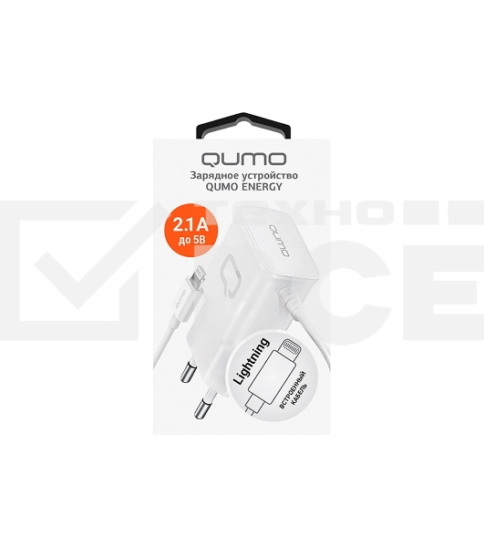 Сетевое зарядное устройство Qumo Energy (Charger 0026) 2.1A, встроенный кабель Lightning 8 Pin, белый