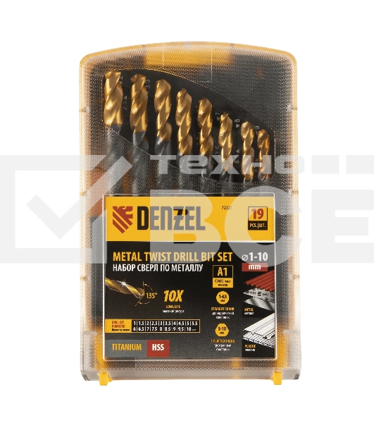 Набор сверл по металлу Denzel 1-10 мм, HSS-Tin, Golden Tip, 19 шт