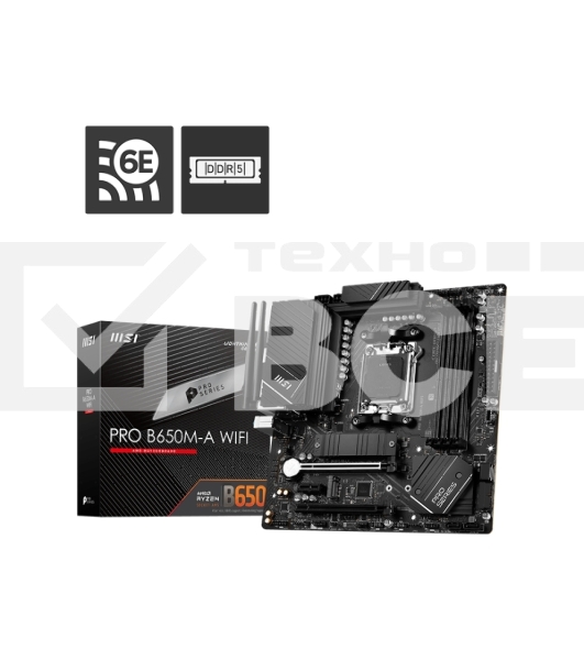 Материнская плата MSI PRO B650M-A WIFI, AM5, AMD B650, 4xDDR5, 4xSATA, 2xM.2, 1xPCI-E 4.0 x16, 1xPCI-E 4.0 x4, 1xDP, 1xHDMI, 1x2.5Gb LAN, 4xUSB 3.2 Gen 1, 4xUSB 3.2 Gen 2, 3x3.5 мм, 7.1, 802.11ax, 5.3, Micro-ATX