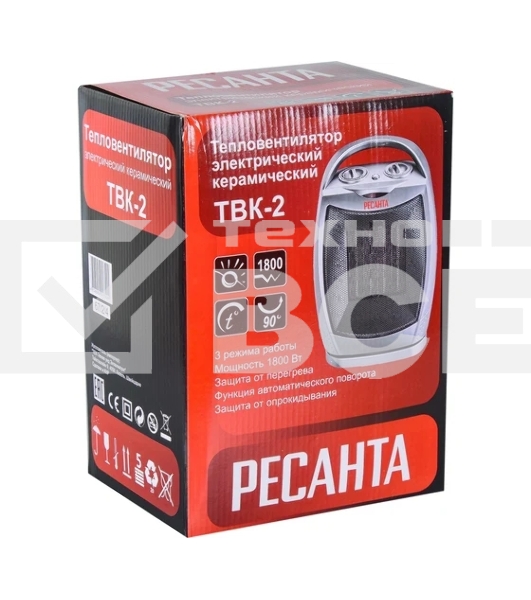 Тепловентилятор Ресанта ТВК-2, серебристый, 900/1800 Вт, 18 м2, термостат, поворот корпуса 67/2/4