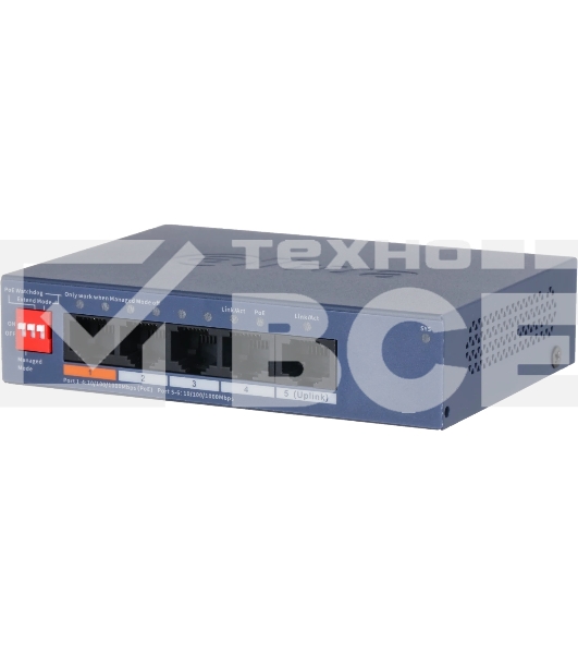 Коммутатор Dahua DH-CS4005-4GT-60 4-портовый гигабитный PoE с функцией облачного управления, 4 RJ45 10/100/1000 Мбит/с (PoE/PoE+/Hi-PoE), 1 RJ45 10/100/1000 Мбит/с (uplink), суммарно 60Вт