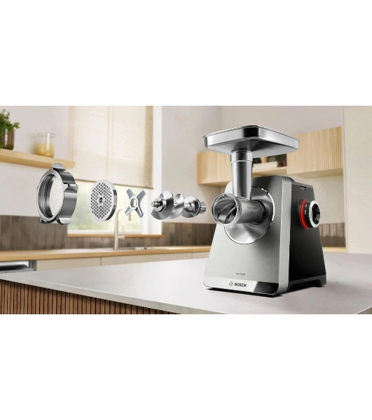 Мясорубка электрическая Bosch Series 8 MFWS820M черный, 2500 Вт, 4.5 кг/мин, реверс, защита от перегрузки, металлический лоток, насадки - 5