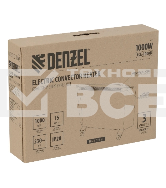 Конвектор Denzel XCE-1000B черный, 1000 Вт, 15 м2, термостат